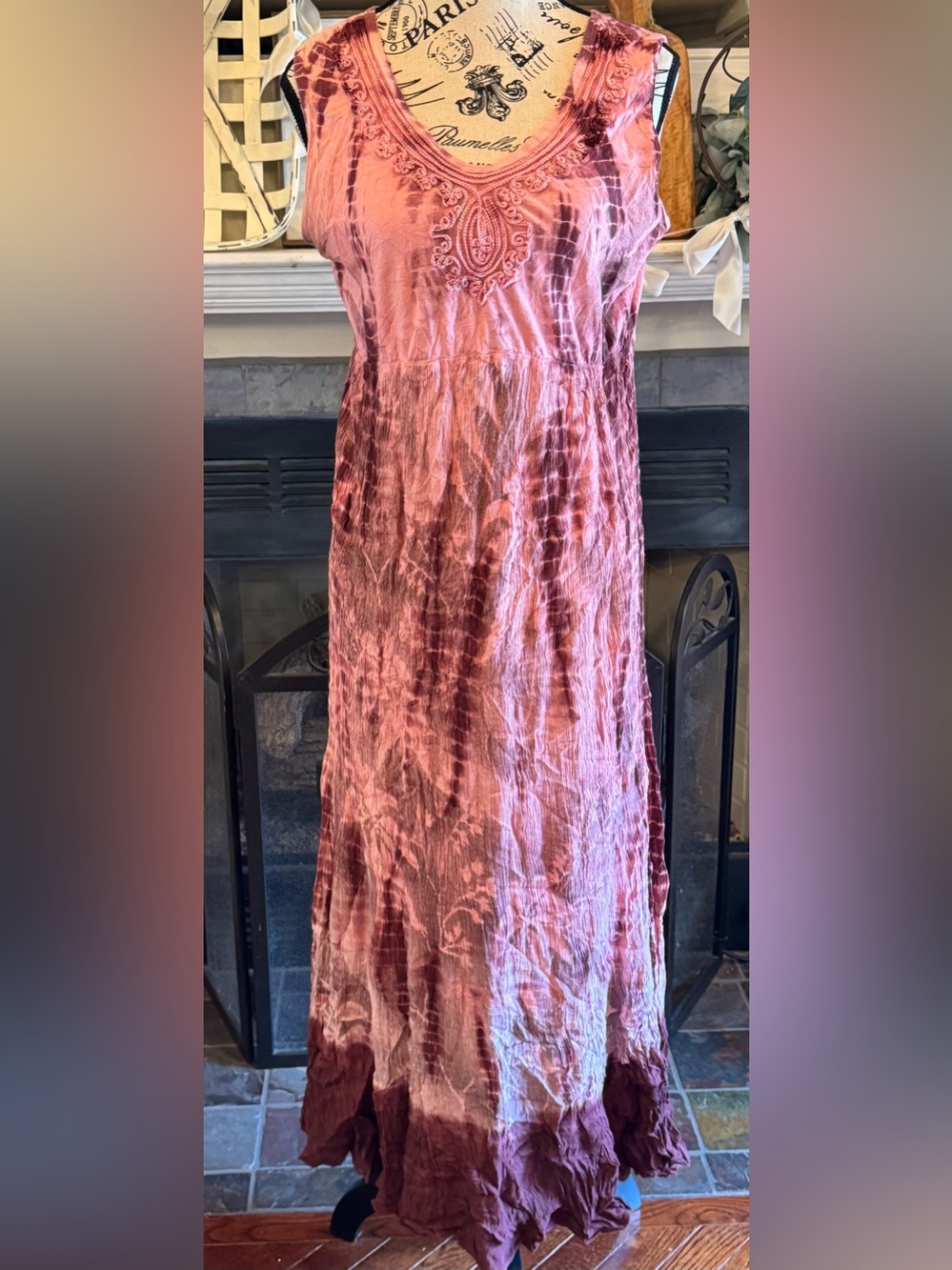 Emma G Boho Tie Dye Crinkle Sleeveless Maxi Dress Pink Maroon Festival Artsy 90s